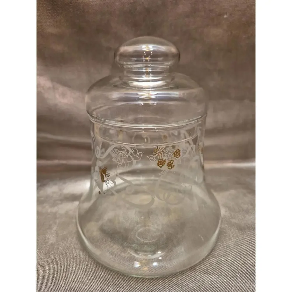 VTG Xmas Glass Bell Shaped Lidded Candy Dish Ribbons Roses Gold Bells Cherubs 7”